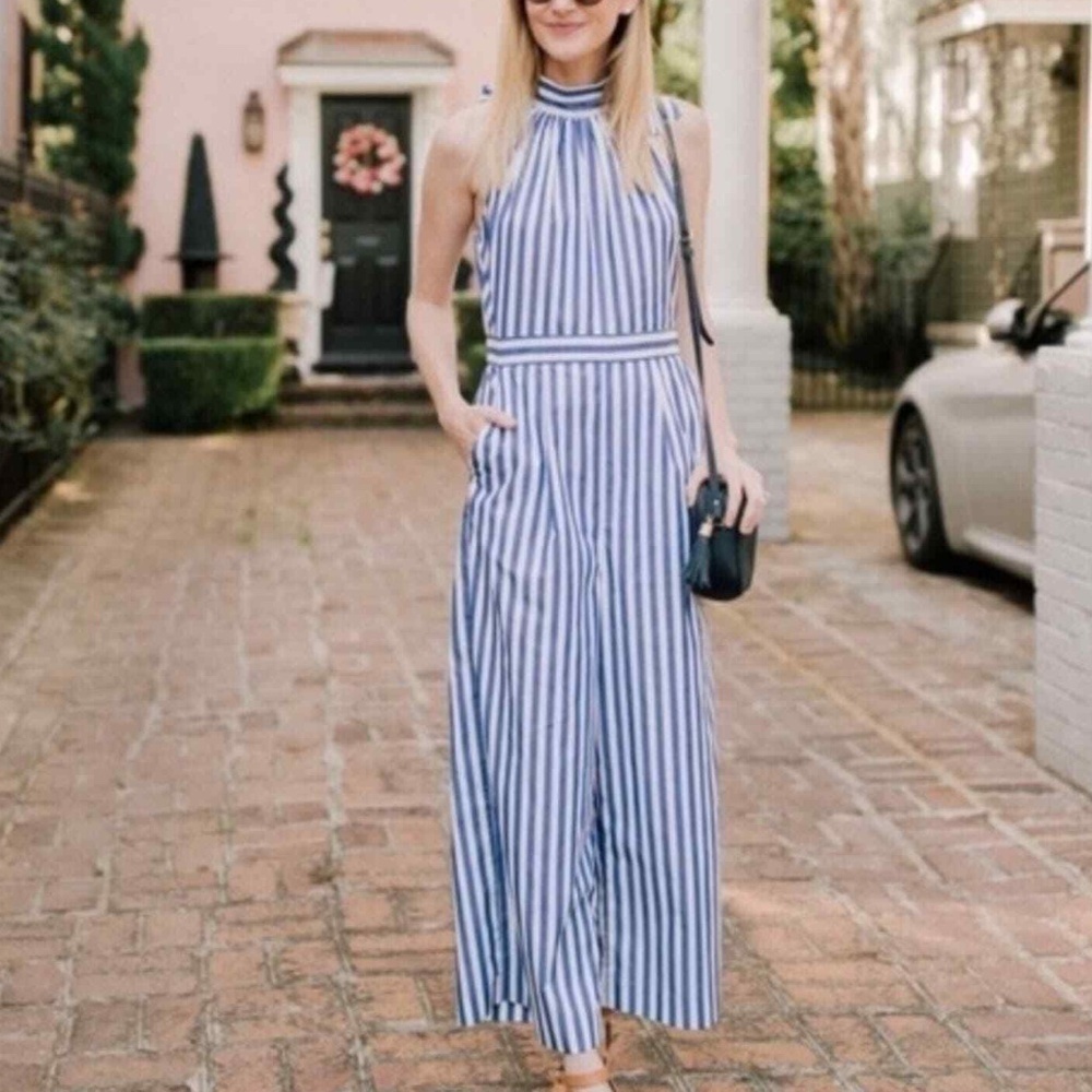 J. Crew Striped Halter Jumpsuit Nautical Blue White